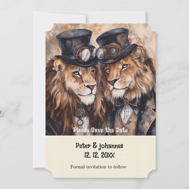 2 handjur lejon steampunk Spara datum Inbjudningar (Framsida)