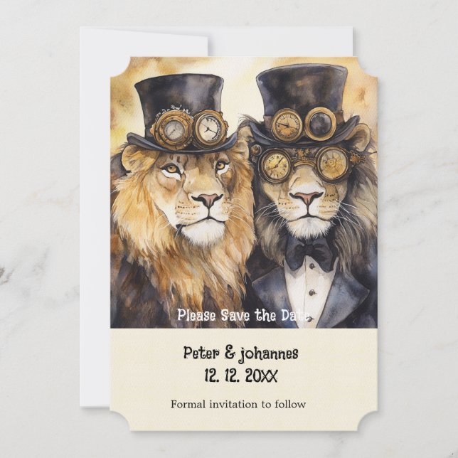 2 handjur lejon steampunk Spara datum Inbjudningar (Framsida)