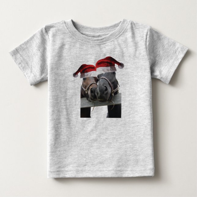 2 Hästar med Jultomten Hatt för jul T Shirt (Framsida)