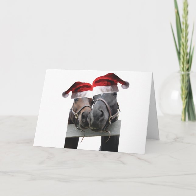 2 hästar som bär Santa Claus-hattar Kort (Framsida)