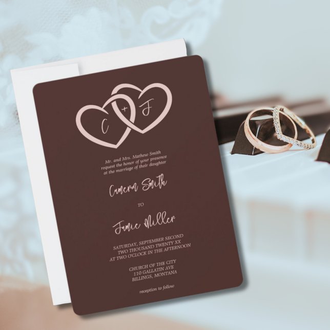 2 Hjärter sammanflätade med Initialer Sienna Bröll Inbjudningar (2 Hearts Intertwined with Initials Sienna Wedding Invitation)