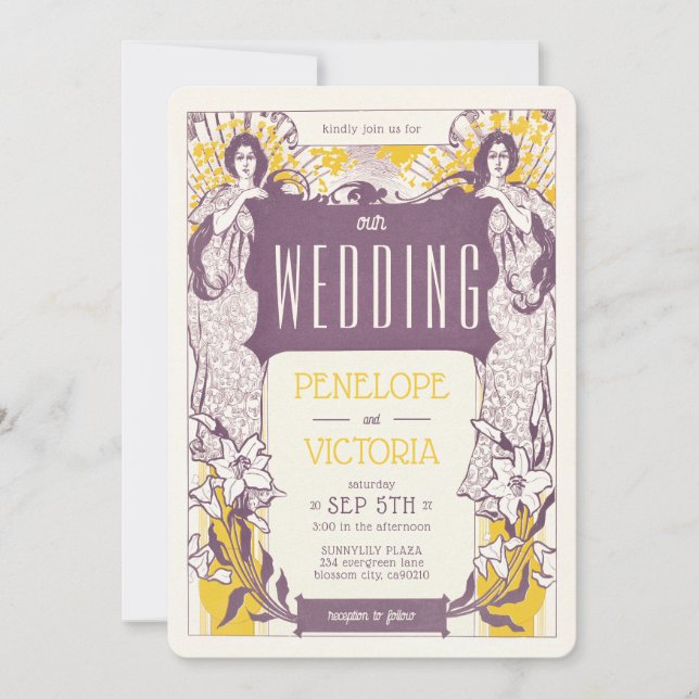 2 Kvinnor och Lilies Letterpress Stil Bröllop Inbjudningar (Framsida)