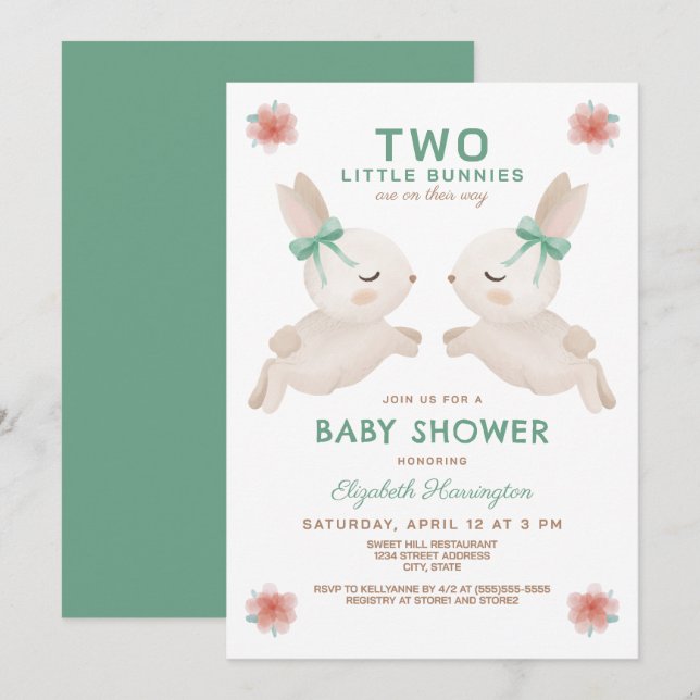 2 Little Bunnies Twillingar Vår Baby Shower Inbjudningar (Fram/baksida)