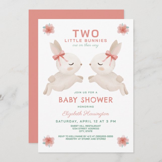 2 Little Bunnies Twin Girls Baby Shower Inbjudningar (Fram/baksida)