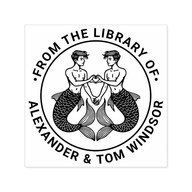 2 Mermen Skapar Heart Sign Bibliotek Bok Namn Självfärgande Stämpel (Design)