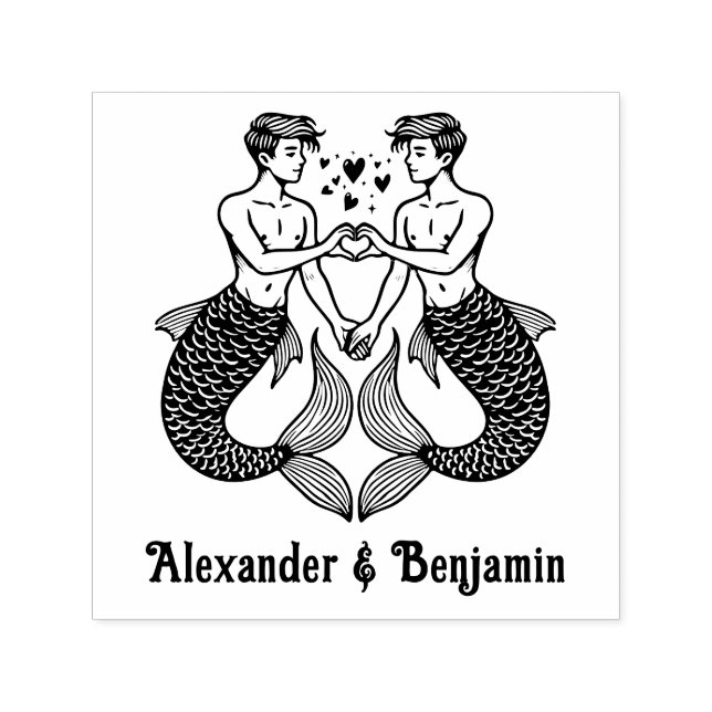 2 Mermen Skapar Heart Sign Bröllop par Namn Självfärgande Stämpel (Design)