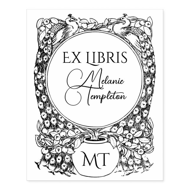 2 Påfåglar Runt Krukväxt Ex Libris Namn Stämpel (Tryck)