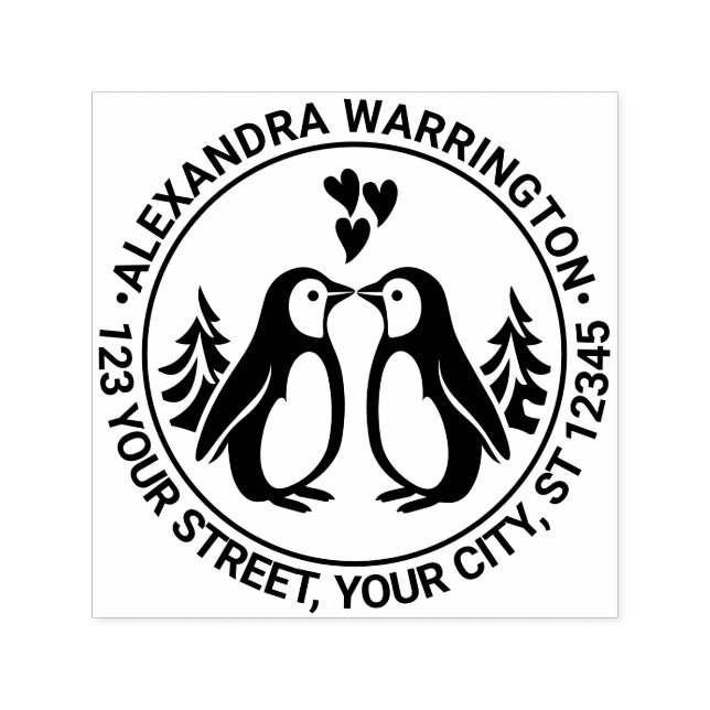 2 Penguins Kissing, Hearts Namn Returadress Självfärgande Stämpel (Design)