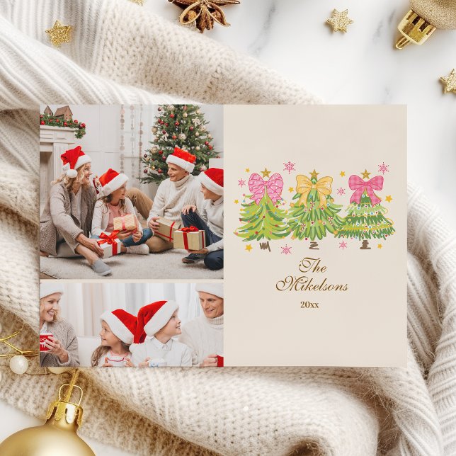 2 Photo Bright Ribbon Trees Holiday Family Julkort (Skapare uppladdad)