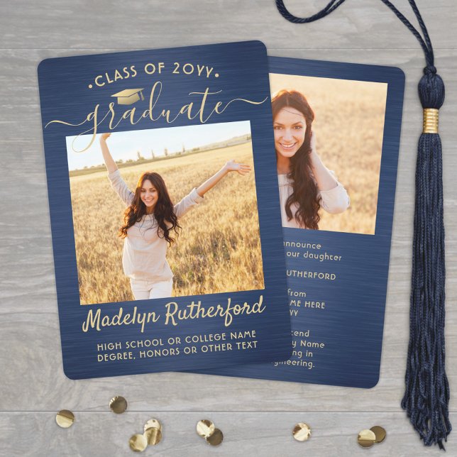 2 Photo Brushed Navy Blue & Guld Script Studenten Meddelande (Skapare uppladdad)