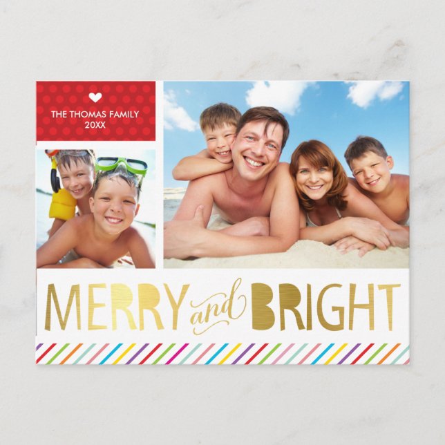 2 PHOTO CHRISTMAS FAMILY modern merry & bright Helg Vykort (Framsida)