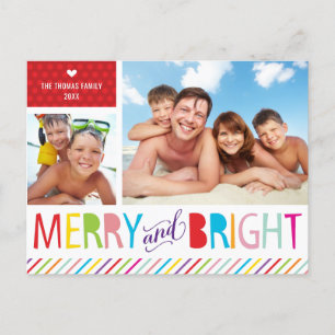 2 PHOTO CHRISTMAS POSTCARD modern merry & bright Helg Vykort