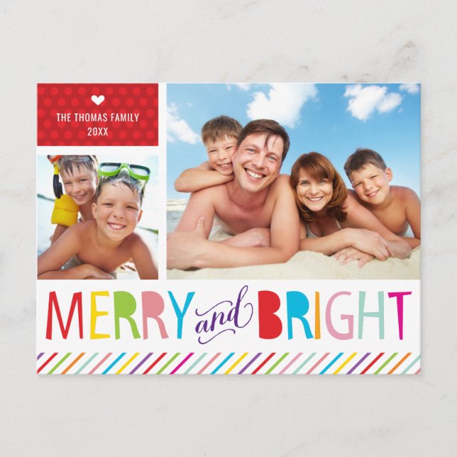 2 PHOTO CHRISTMAS POSTCARD modern merry & bright Helg Vykort (Framsida)