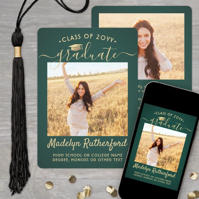 2 Photo Class Year Grönt & Guld Script Studenten Meddelande (Skapare uppladdad)