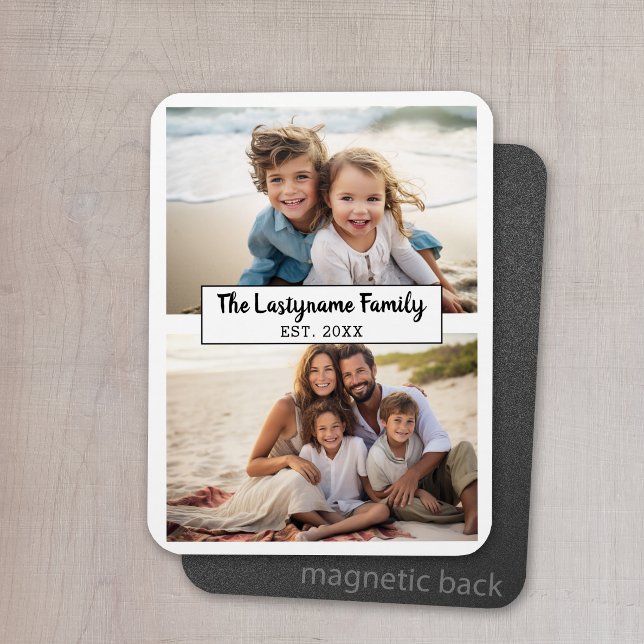 2 Photo Collage Family Namn CAN EDIT FÄRG Magnet (Personalized magnet with photo collage and text)