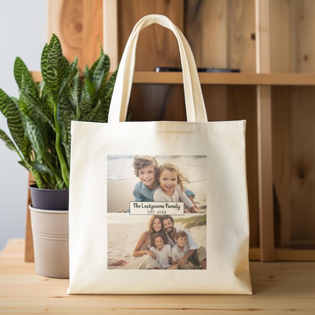 2 Photo Collage Family Namn - Vågrät Bilder Tygkasse (Custom Tote Bag)