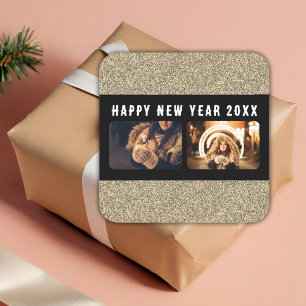 2 Photo Collage Guld Glitter Gott nytt år 2026 Fyrkantigt Klistermärke