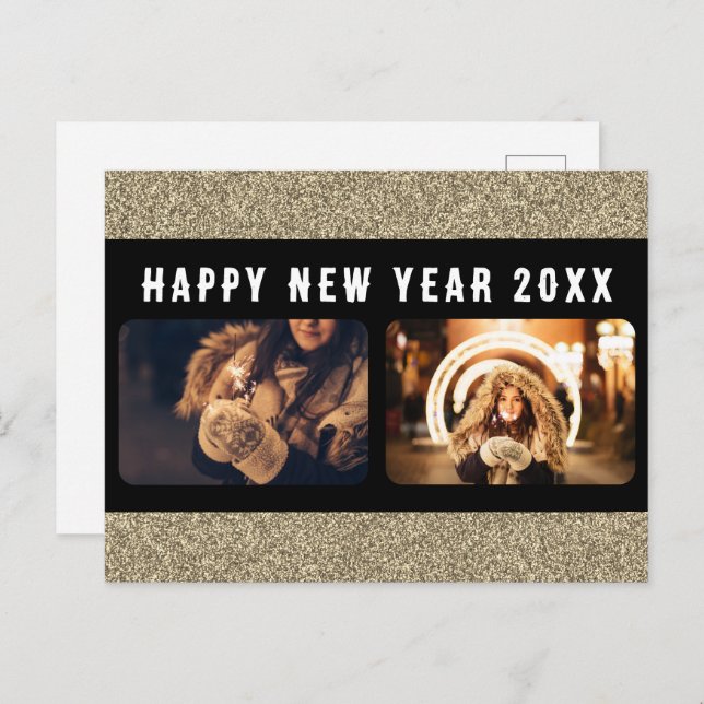 2 Photo Collage Guld Glitter Gott nytt år 2026 Helg Vykort (Fram/baksida)