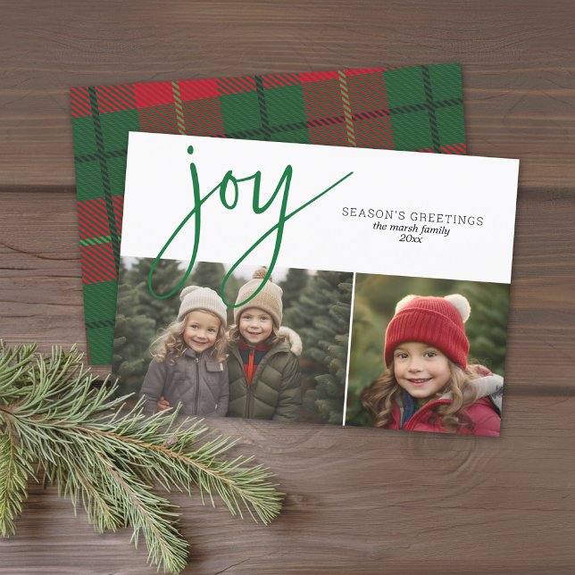 2 Photo Collage Joy Script Season Hälsning plaid Julkort (2 Photo Modern Christmas Card - Bounce Calligraphy - plaid background - download option available)