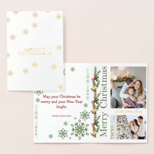 2 Photo Collage Merry Christmas Green Holiday Card Folierat Kort (Display)