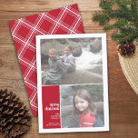 2 Photo Collage Minimal Christmas red Christmas Julkort<br><div class="desc">A simple,  minimalist Holiday greeting with 2 photos and modern calligraphy.  - Red and White Plaid Pattern on the back</div>