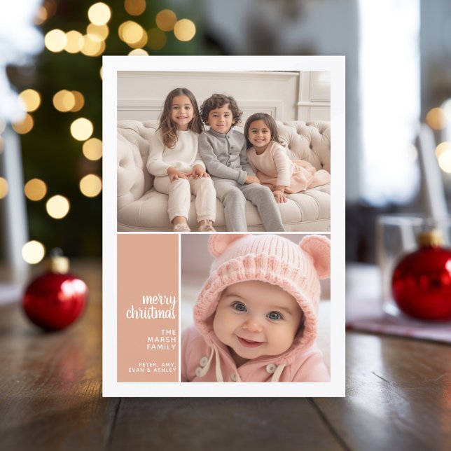 2 Photo Collage Minimal jul coral christmas Julkort (Modern, minimal Christmas Greeting card with 2 photos, color block and simple script text.)