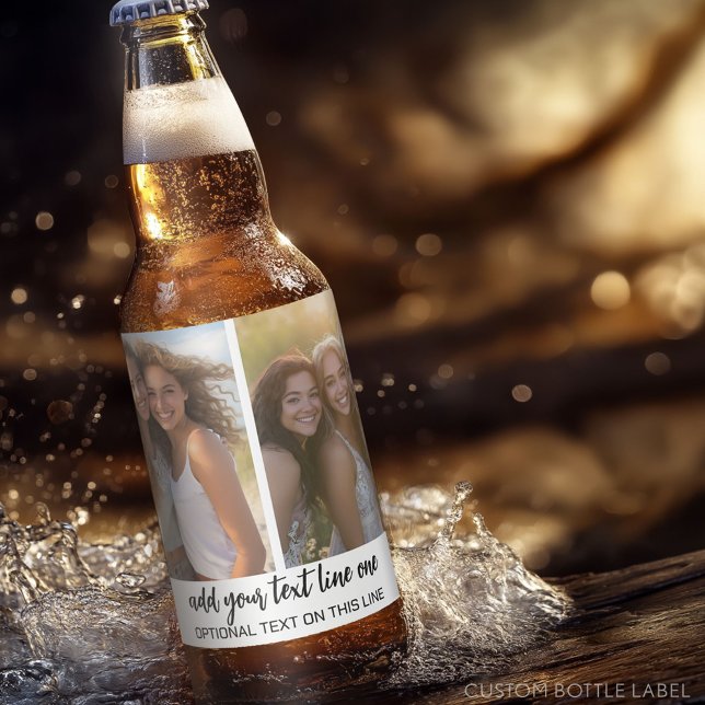 2 Photo Collage Rrid - Text på Grund - Vit Ölflaska Etikett (Custom Beer Bottle Label - Photo Label)