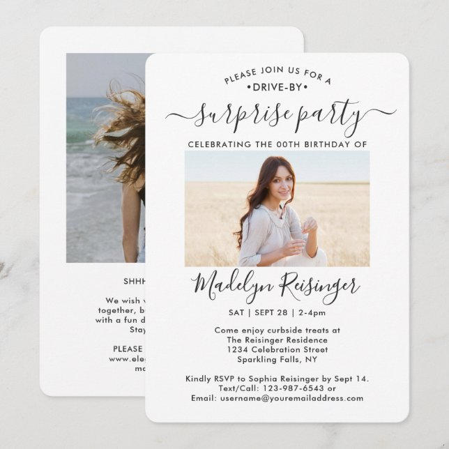 2 Photo Drive by Surprise Födelsedagsfest Parad Inbjudningar (Fram/baksida)