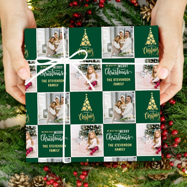 2 Photo Elegant Golden Grönt God jul Presentpapper (Skapare uppladdad)