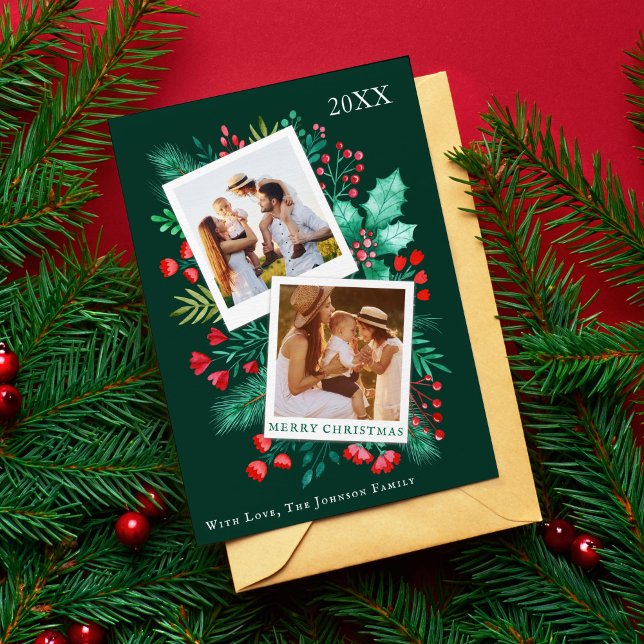 2 Photo Family-julkort - vattenfärgslök Julkort (2 Photo Family Christmas Card Watercolor Foliage)