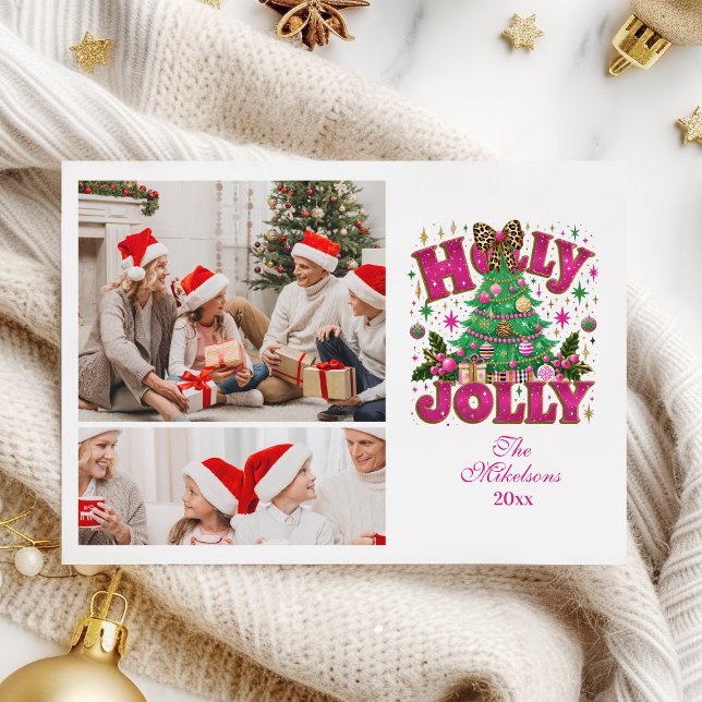 2 Photo Glitter Leopard Bow Holly Jolly Julkort (Skapare uppladdad)