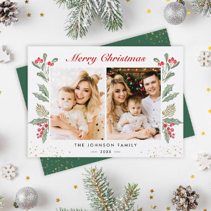 2 Photo God jul Holly Berries Greenery Julkort