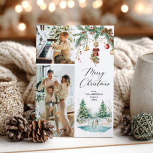2 Photo God jul Winter Scene & Mistletoe Julkort
