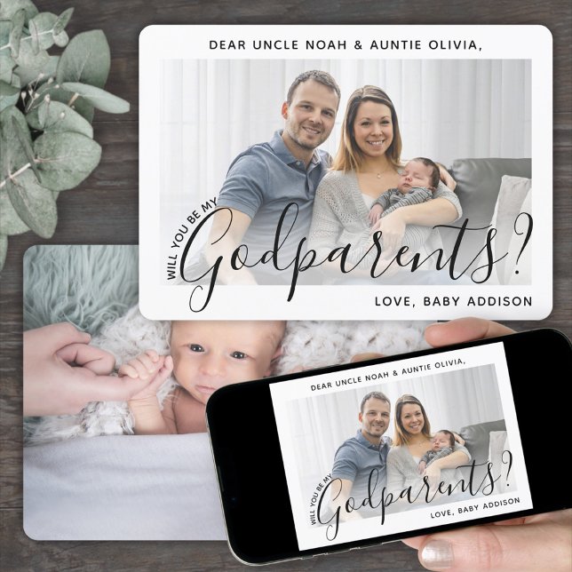 2 Photo Godparent Frieri Modern Elegant Script Inbjudningar (Skapare uppladdad)