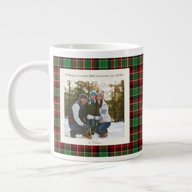 2 Photo Green Red Plaid Rustic Monogram Christmas Jumbo Mugg (Vänster)