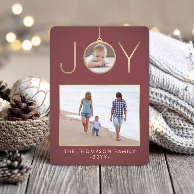 2 Photo Joy jul Ornament Burgundy och Guld Julkort (Skapare uppladdad)