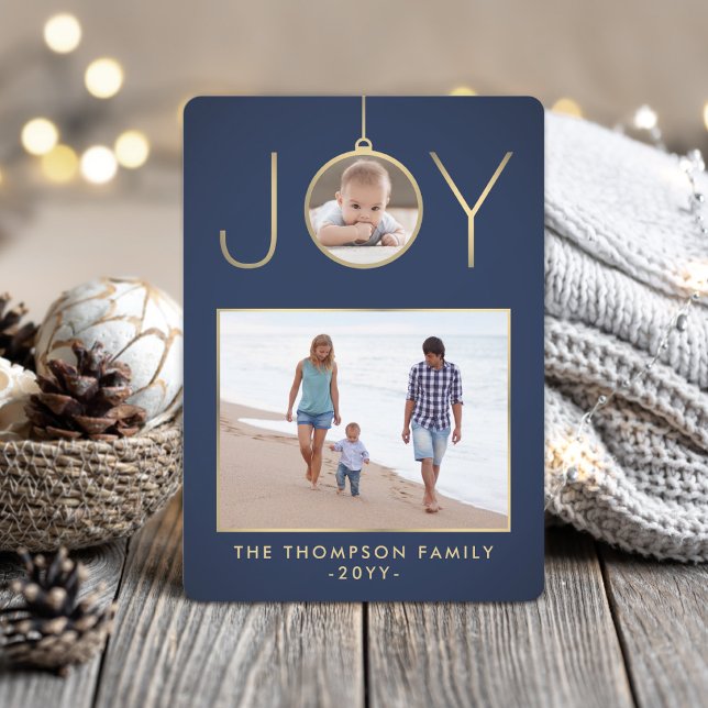 2 Photo Joy jul Ornament Navy Blue and Guld Julkort (Skapare uppladdad)
