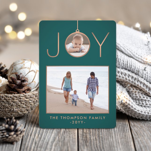 2 Photo Joy Ornament Elegant Modern Teal & Copper Julkort (Skapare uppladdad)