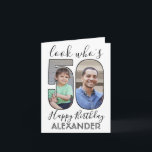 2 Photo Look Who's 50 Fiftieth Birthday Pictures Kort<br><div class="desc">Wish someone happy 50th birthday in style with this customized 2 photo folded greeting card. Text and pictures are simple to personalize. (IMAGE PLACEMENT TIP: An easy way to center a photo exactly how you want is to crop it before uploading to the Zazzle website.) Modern black and white design...</div>