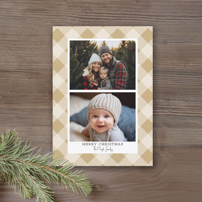 2 Photo Modern Buffalo plaid - Rustic Guld Merry Julkort (Online Christmas Card with 2 Photos and a Modern Buffalo Check Pattern - Print and Download Options)