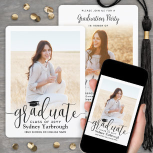 2 Photo Modern Elegant Script-Studentfest Inbjudningar