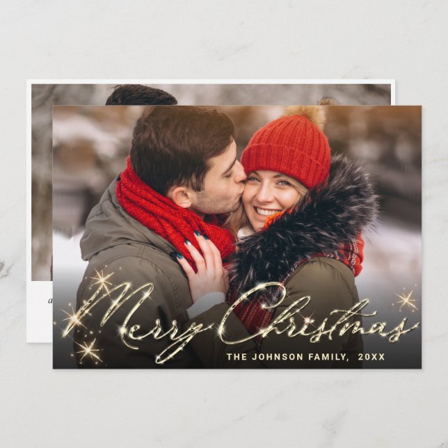 2 PHOTO Modern Gyllene jul Hälsning Julkort (Fram/baksida)