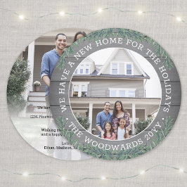 2 Photo New Home Farmhouse Greenery & Wood Round Julkort