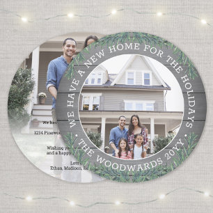 2 Photo New Home Farmhouse Greenery & Wood Round Julkort