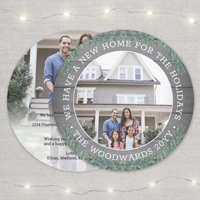 2 Photo New Home Farmhouse Greenery & Wood Round Julkort (Skapare uppladdad)