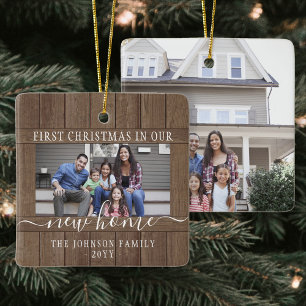 2 Photo New Home First jul Rustic Faux Wood Julgransprydnad Keramik
