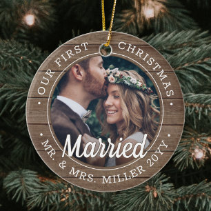 2 Photo Newlyweds 1st Julafton Married Faux Barn W Julgransprydnad Keramik