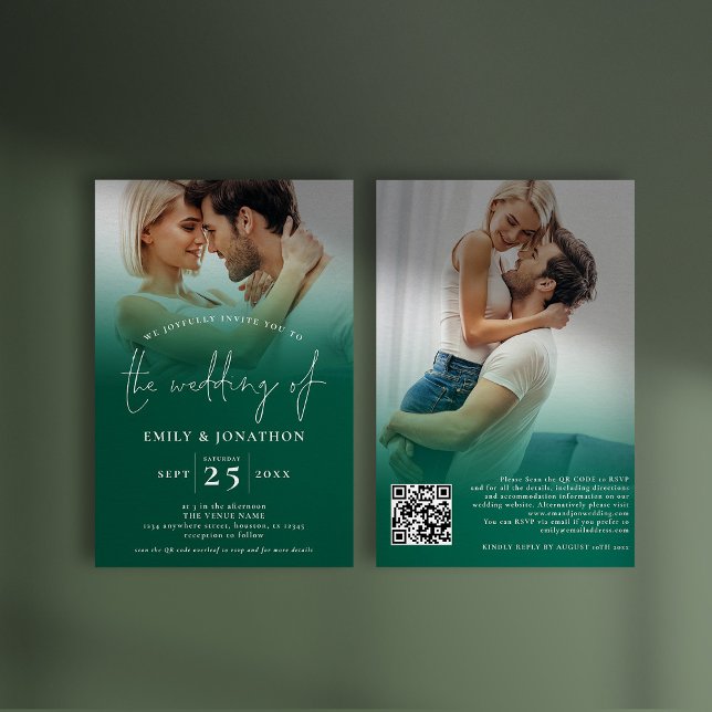 2 Photo Overlay Script QR Emerald Grönt Bröllop Inbjudningar (Front and back view. Available digitally and printed)