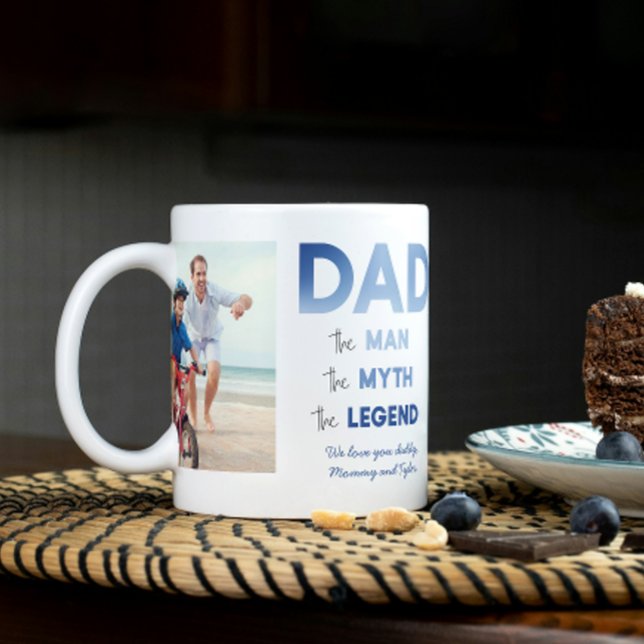 2 Photo PAPPA The Man Myth Legend Blue Personlig Kaffemugg (Easily personalize this 2 photo Dad mug with your images and message for a gift he'll treasure)