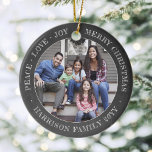 2 Photo Peace Kärlek Joy God jul Faux Chalkboard Julgransprydnad Keramik<br><div class="desc">Fira helgdagarnas enkla joys med en anpassningsbar två fotofaux chalkboard runda keramiska prydnadsföremål. All text och bilder på den här mallen är enkla att anpassa och kan vara olika eller likadana framifrån och bakåt. Byt "Peace Kärlek Joy God jul" till ett citat eller ett ordspråk. (IMAGE & TEXT DESIGN TIPS:...</div>